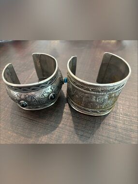 Vintage Indian Silver Tone Cuff Bracelet Set • Boho Elephant & Gemstone Tribal